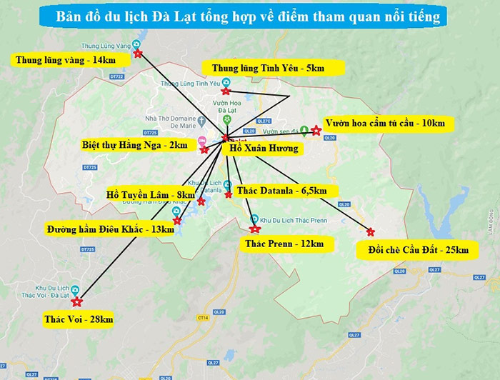 Bản đồ tổng hợp đầy đủ các điểm du lịch nổi tiếng ở Đà Lạt